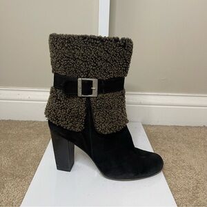 Donald J Pliner Vintage Y2K Shearling Cuff Ankle Boots Black Leather Size 8